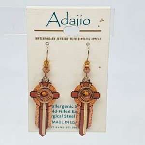 Adajio Hand Painted Brown Southwestern Cross Earrings 14K GF Gold Filled Boho